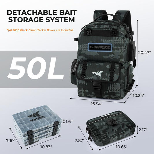 BaitSpace 50L Fishing Tackle Backpack with Removable Bait Binder & 4 Tackle Boxes, Rod Holders Storage Fishing Gear