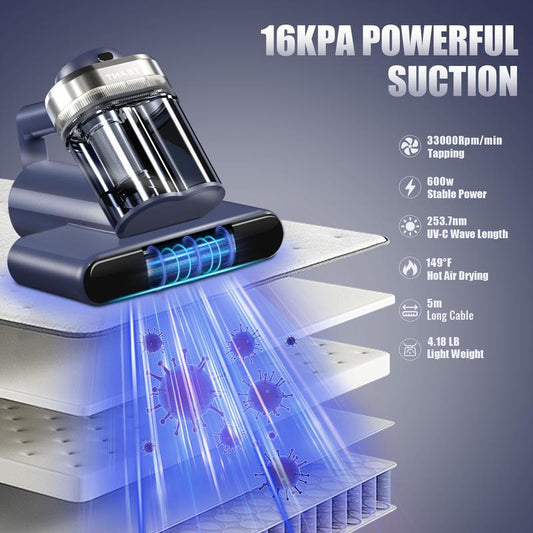 Mattress Vacuum Cleaner for Dust Mites Removal, Bed Vacuum with UV-C Light & 149℉ Hot Air &  Aroma Tablet & LED Display, 600W&16Kpa Powerful Suction Double-Cup Handheld Vacuum Cleaner With HEPA Filter for Bed Couch Sofa Carpet, Deep Cleaning Machine