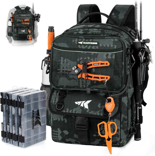 BaitSpace 50L Fishing Tackle Backpack with Removable Bait Binder & 4 Tackle Boxes, Rod Holders Storage Fishing Gear